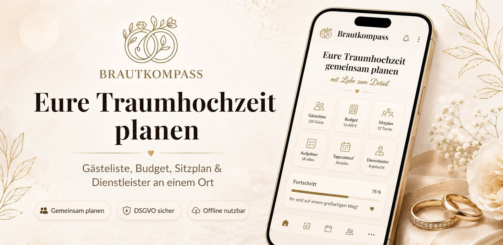 Brautkompass App: Dashboard mit Gästeliste, Budget, Sitzplan, Aufgaben, Tagesablauf und Dienstleistern