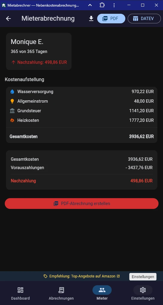 Fertige PDF-Nebenkostenabrechnung